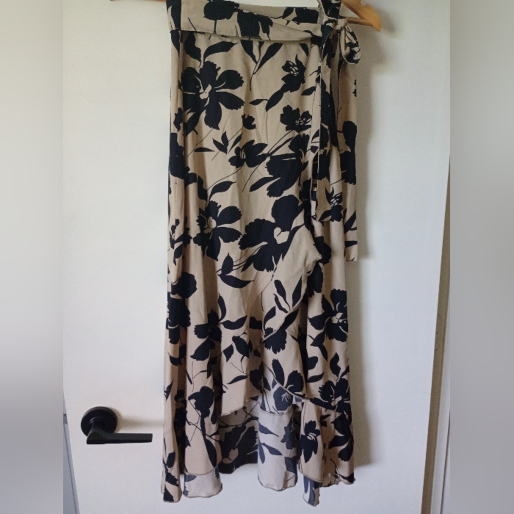 Beige Floral A-Line Wrap Skirt - Black Floral Print